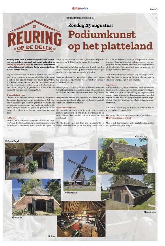 Holtenextra: Zondag 23 augustus, podiumkunst op het platteland
